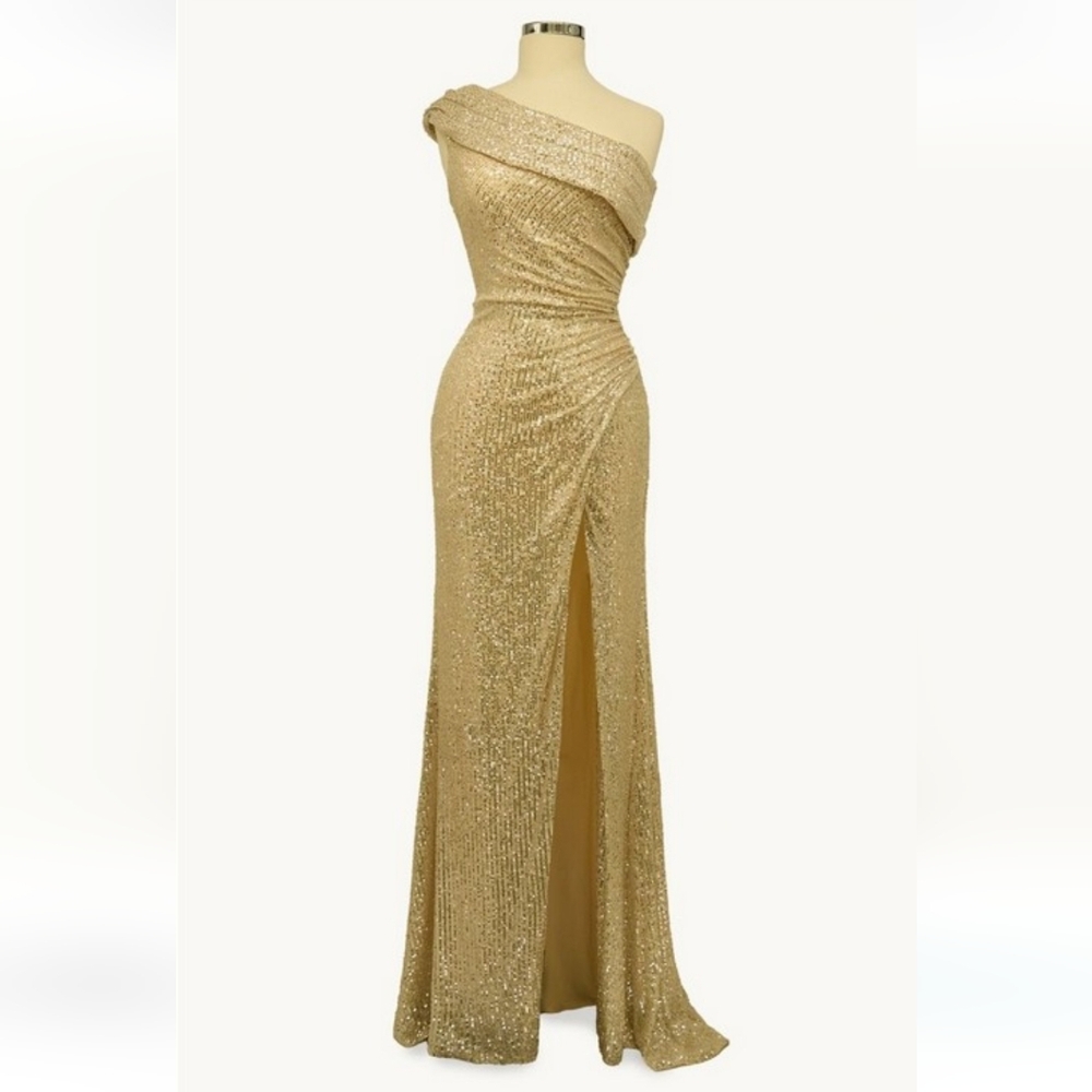 Elegant Gold One Shoulder Evening Gown